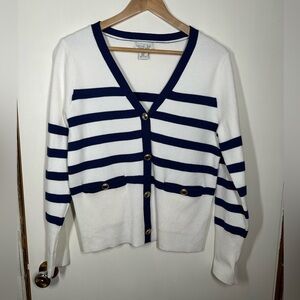 Rachel Zoe White and Blue Stripe V-neck Cardigan Sweater Medium